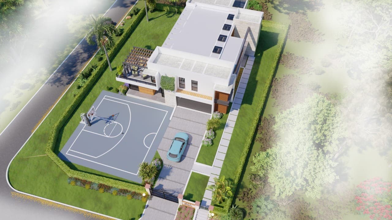Aerial render of the Kijani Ridge residence with basketball court, Tatu City