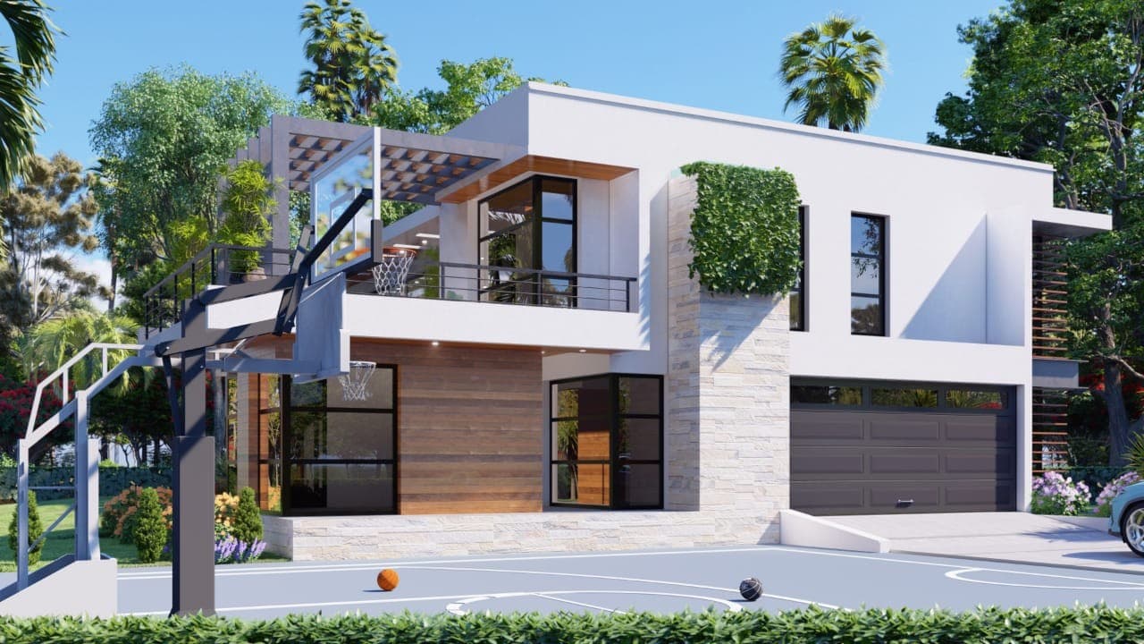 Front elevation render of the Kijani Ridge house and court